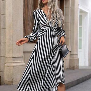 Striped Print Twist Front Lantern Sleeve Dress